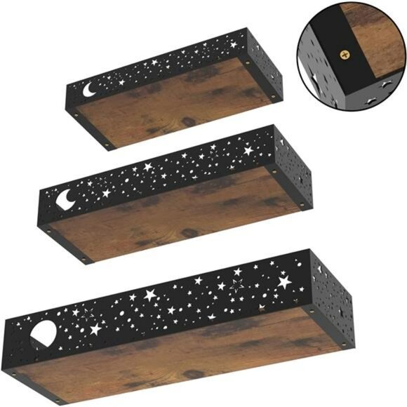 Moon and Stars Floating Wall Shelves Set of 3 Rustic Metal Wood Hanging Storage - Picture 4 of 7